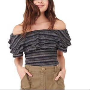 Free People Heirloom Stripe Ruffle Top Bla…